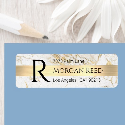 Wh/金ゴールド大理石、金ゴールドバーBlk名モノグラムアドレス ラベル