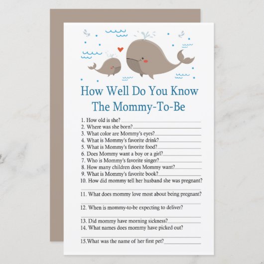 Whaleあなたはどのようにベビーシャワーゲームを知っている (正面/裏面)