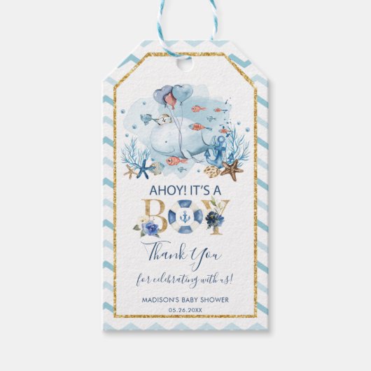 Whale Ahoy男の子の赤ちゃんシャワーありがとう ギフトタグ (正面)