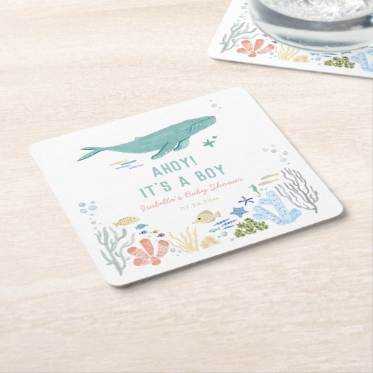 Whale Ahoy男の子の赤ちゃんシャワー スクエアペーパーコースター (アングル)
