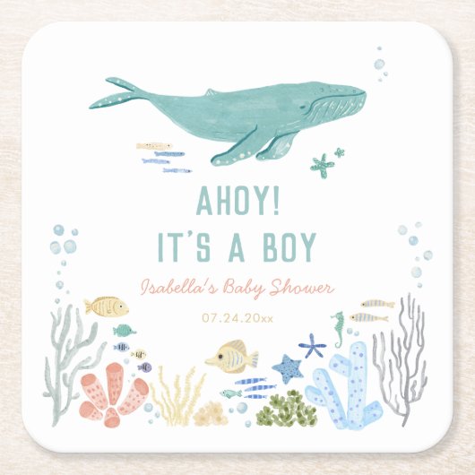Whale Ahoy男の子の赤ちゃんシャワー スクエアペーパーコースター (正面)