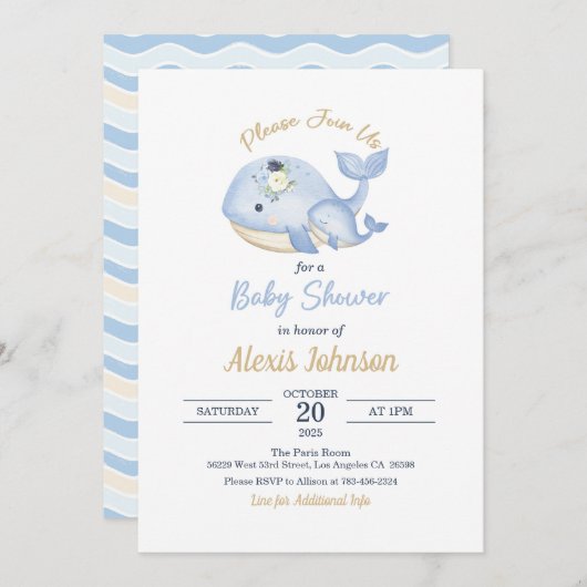Whale Baby Shower Invitation for Boy 招待状 (正面/裏面)