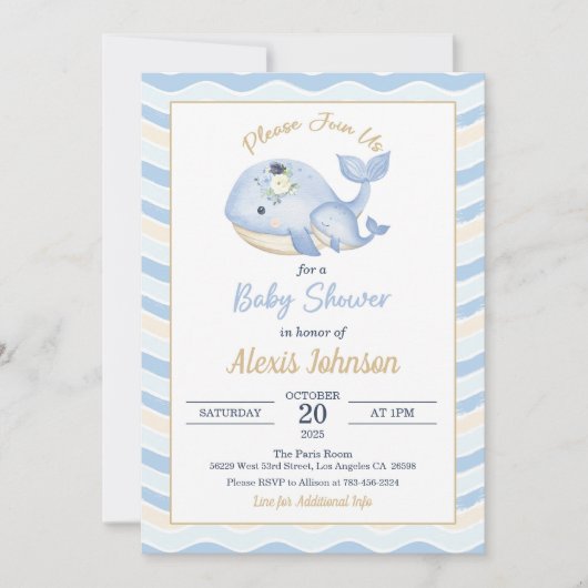 Whale Baby Shower Invitation Wavy Background 招待状 (正面)