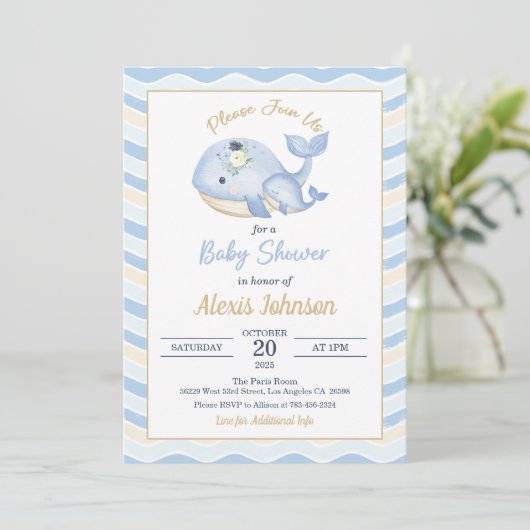 Whale Baby Shower Invitation Wavy Background 招待状 (スタンド正面)