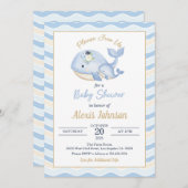 Whale Baby Shower Invitation Wavy Background 招待状 (正面/裏面)