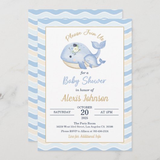 Whale Baby Shower Invitation Wavy Background 招待状 (正面/裏面)