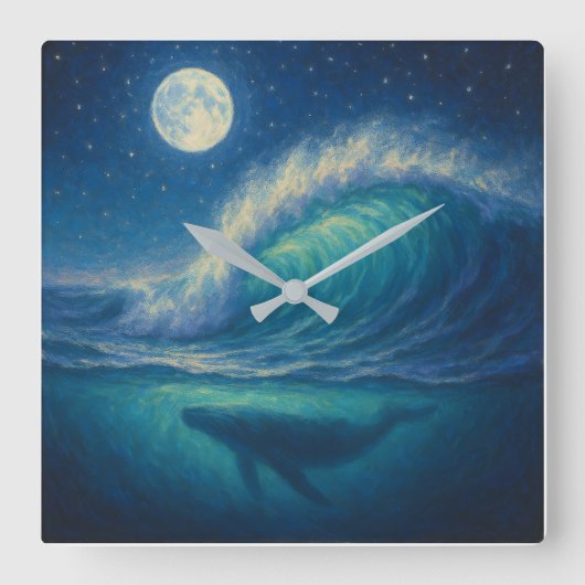 Whale Beneath Moonlit Wave - Pastel Painting Style スクエア壁時計 (正面)
