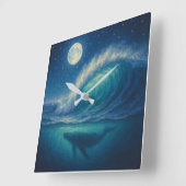 Whale Beneath Moonlit Wave - Pastel Painting Style スクエア壁時計 (傾斜)