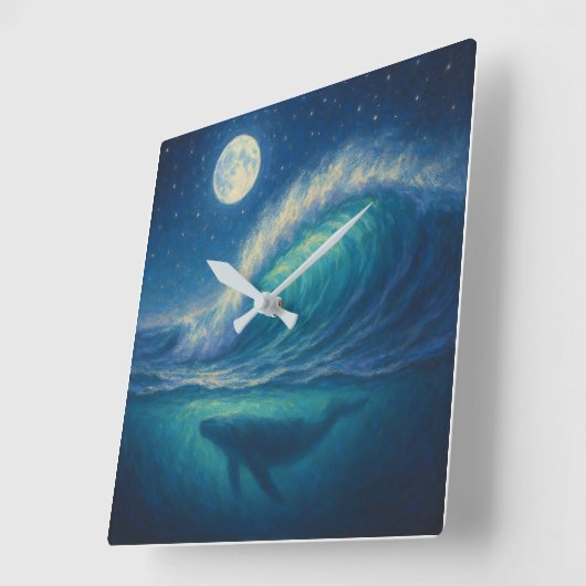 Whale Beneath Moonlit Wave - Pastel Painting Style スクエア壁時計 (傾斜)