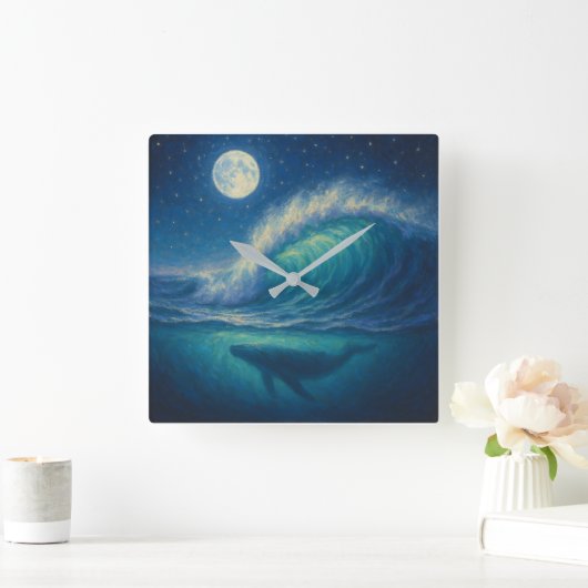 Whale Beneath Moonlit Wave - Pastel Painting Style スクエア壁時計 (ホーム)