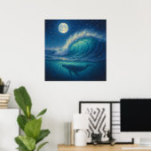 Whale Beneath Moonlit Wave - Pastel Painting Style ポスター (ホームオフィス)