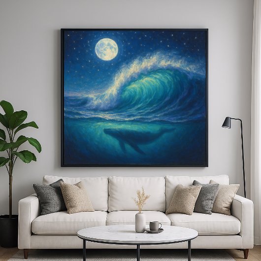 Whale Beneath Moonlit Wave - Pastel Painting Style ポスター