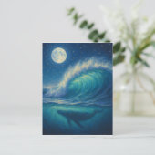 Whale Beneath Moonlit Wave - Pastel Painting Style ポストカード (スタンド正面)