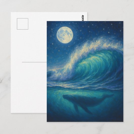 Whale Beneath Moonlit Wave - Pastel Painting Style ポストカード (正面/裏面)
