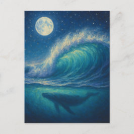 Whale Beneath Moonlit Wave - Pastel Painting Style ポストカード