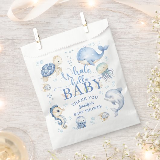Whale Hello Baby Shower Boy Blue Ocean フェイバーバッグ (クリップ留めされた状態)