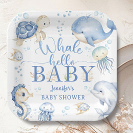 Whale Hello Baby Shower Boy Blue Ocean ペーパープレート