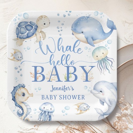 Whale Hello Baby Shower Boy Blue Ocean ペーパープレート