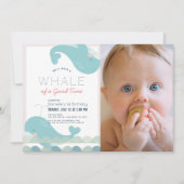 Whale of a Good Time Pink Girl 1st Birthday Photo 招待状 (正面)