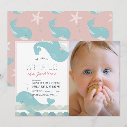 Whale of a Good Time Pink Girl 1st Birthday Photo 招待状 (正面/裏面)
