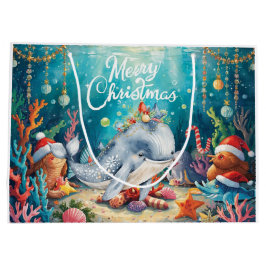 Whale Santa Hat Under the Sea Christmas Party  ラージペーパーバッグ
