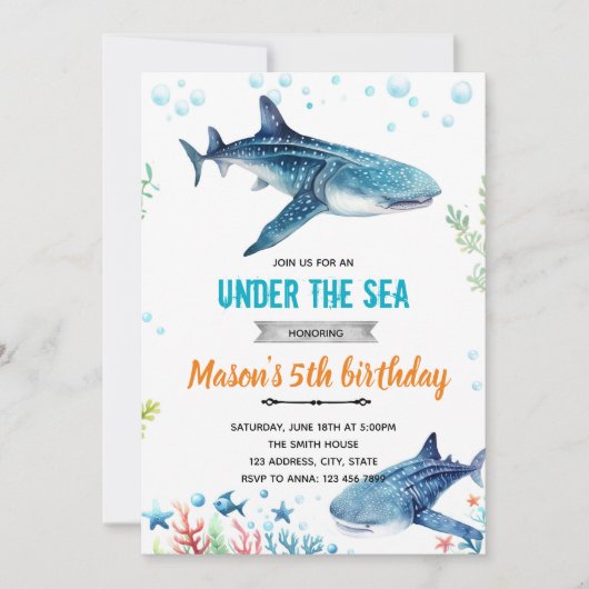 Whale Shark birthday party invitation 招待状 (正面)