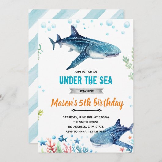 Whale Shark birthday party invitation 招待状 (正面/裏面)