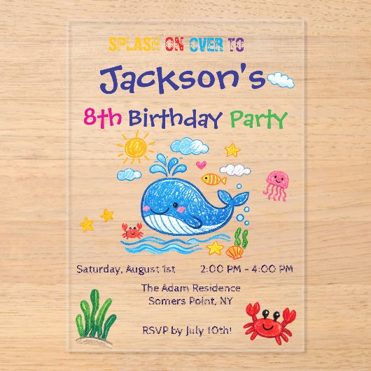 Whale Theme Summer Kids Birthday Invitation Card アクリル招待状 (正面)