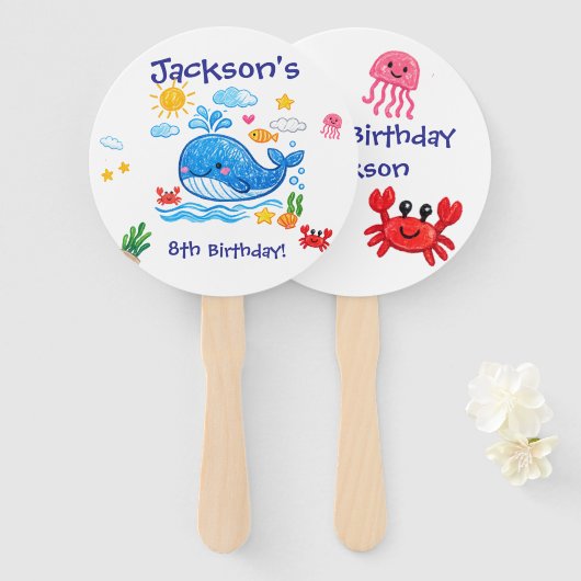 Whale Theme Summer Kids Birthday Party ハンドファン (正面&裏面)