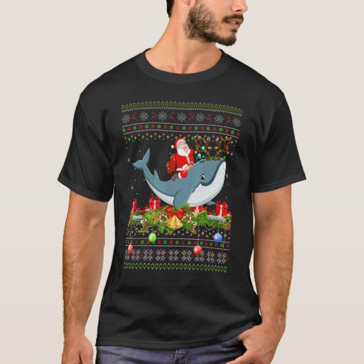 Whale  Ugly Santa Riding Whale Christmas Tシャツ (正面)