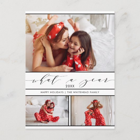 What a モダン A Year White 3フォトコラージュ シーズンポストカード (正面)