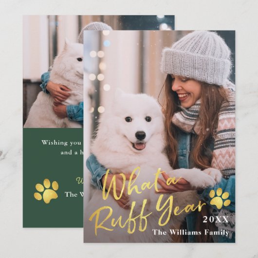 What a Ruff Year Pet Dog Puppy 2フォトグリーン金ゴールド シーズンカード (正面/裏面)