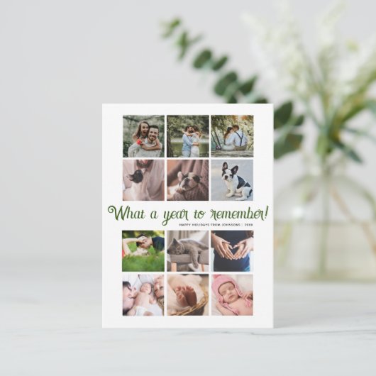 What a Yearミニマル12フォトコラージクリスマス シーズンポストカード (スタンド正面)