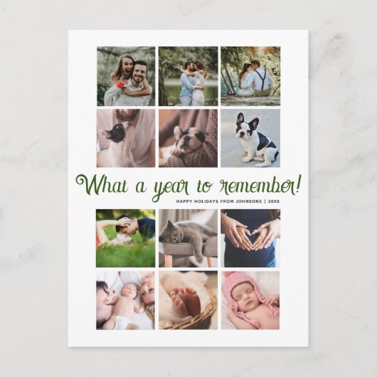 What a Yearミニマル12フォトコラージクリスマス シーズンポストカード (正面)