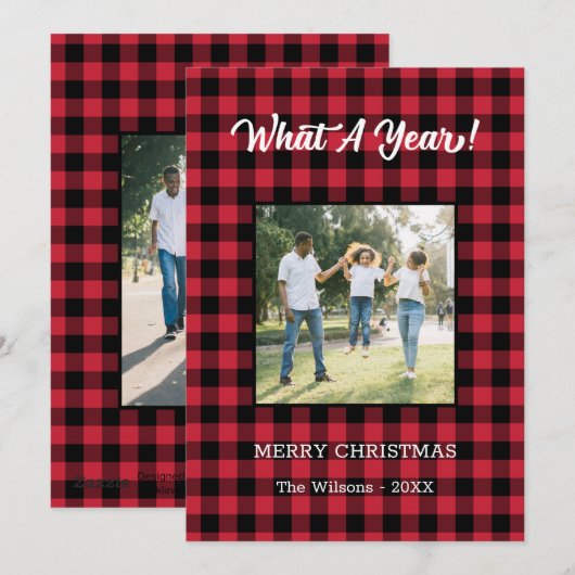 What A Year 2 Photo Christmas Red Buffalo Check シーズンカード (正面/裏面)