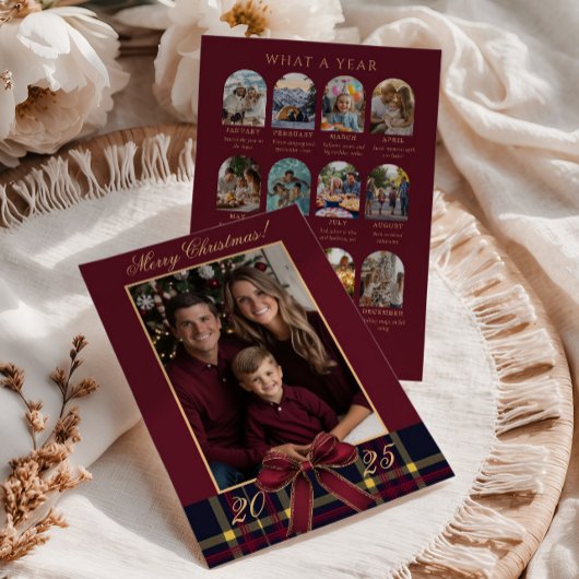 What A Year family Photo Red Plaid Holiday Card 招待状