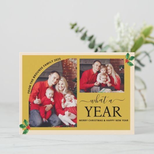 What a Year Multi Photo Collage Christmas Holly カード (スタンド正面)