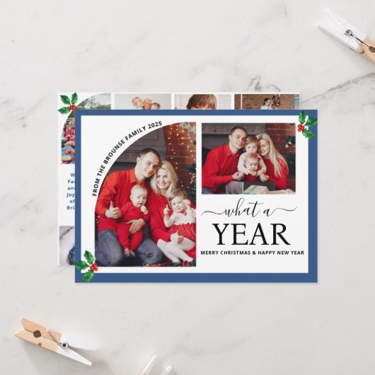 What a Year Multi Photo Collage Christmas Holly カード (正面/裏面インサイチュ)