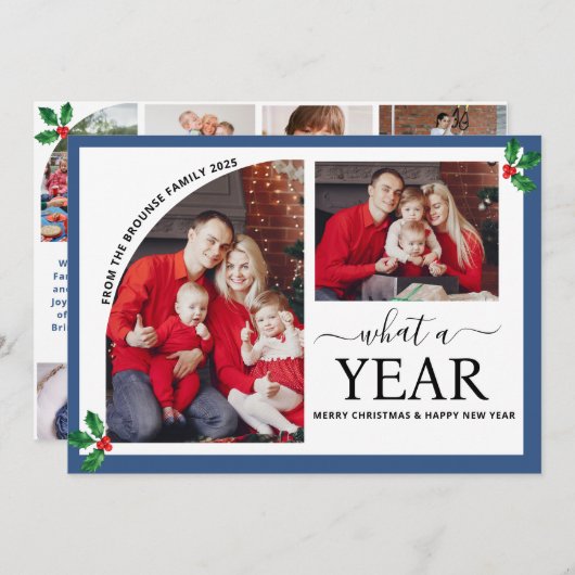 What a Year Multi Photo Collage Christmas Holly  カード (正面/裏面)