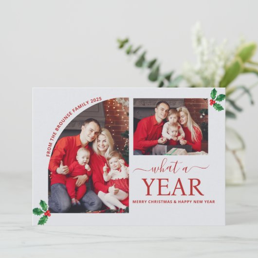 What a Year Multi Photo Collage Christmas Holly カード (スタンド正面)