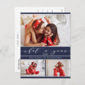 What a Year Navy モダン Blue 3フォトコラージュ シーズンポストカード (正面/裏面)