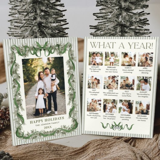 What a Year Sage Green Pine Bow Christmas 13 Photo シーズンカード