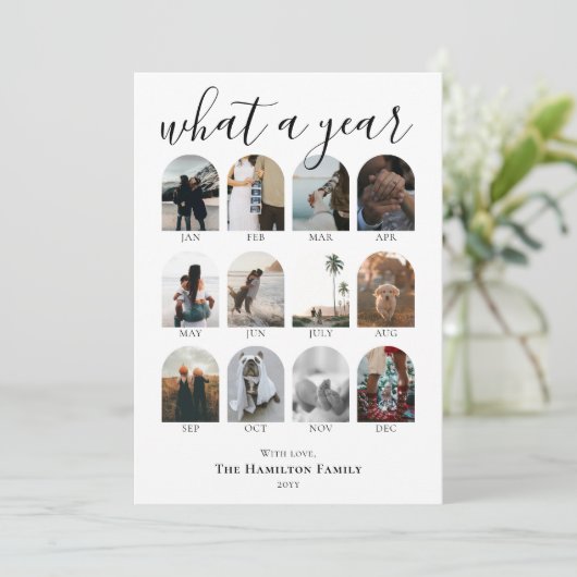 What a Year Script Arch Photo Collage Christmas シーズンカード (スタンド正面)
