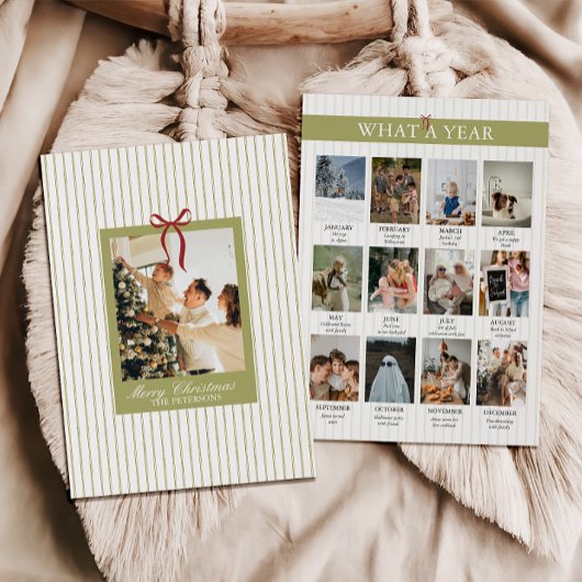 What a Year Striped Green Red Photo Christmas シーズンカード