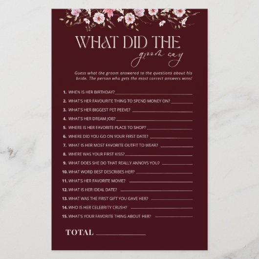 What Did the Groom Say BridalShower Game, Burgundy (正面)