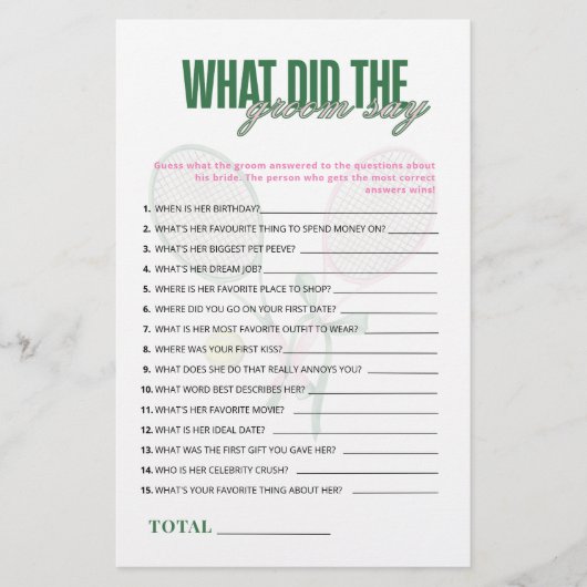 What Did the Groom Say Tennis Bridal Shower Game (正面)