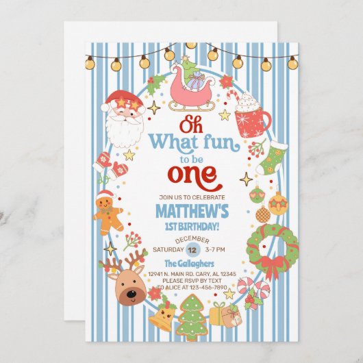 What fun to be One boy 1st birthday invite. 招待状 (正面/裏面)