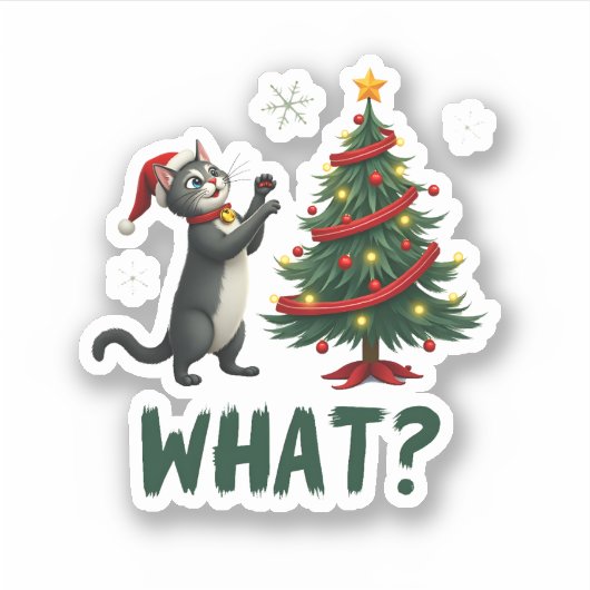 What Funny Cat Pushing Christmas Tree Over Cat Xma シール (正面)