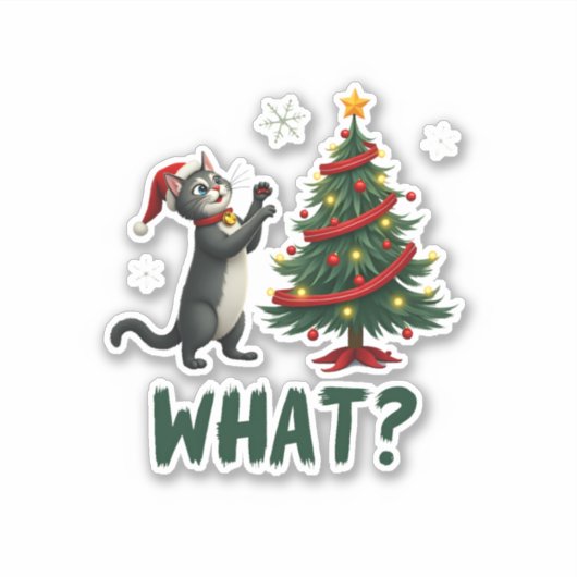 What Funny Cat Pushing Christmas Tree Over Cat Xma シール (正面)