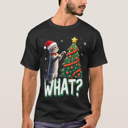 What Funny Cat Pushing Christmas Tree Over Cat Xma Tシャツ (正面)